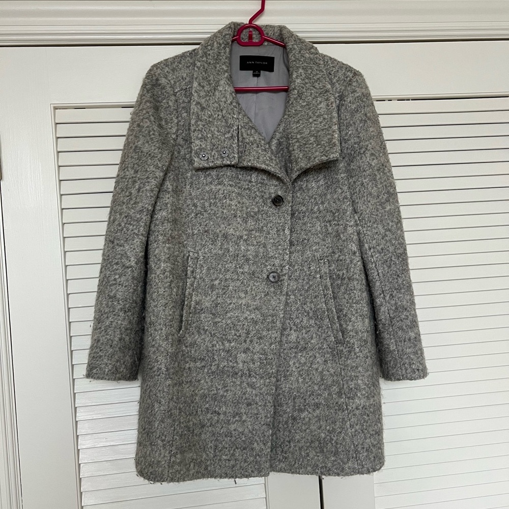 Ann Taylor Gray Pea Coat with Wool Blend and Wide Collar